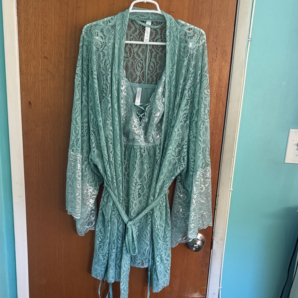 Cacique Lace Robe and Babydoll set in Teal